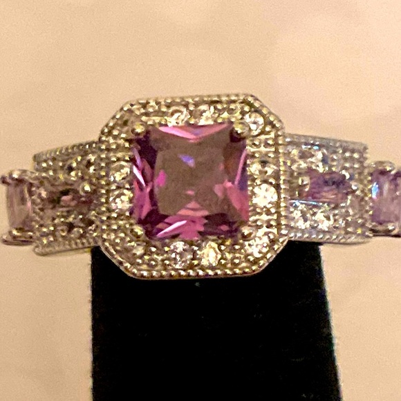 Created Pink Sapphire Princess Halo Ring Size 8 Silvertone Band - Picture 8 of 11